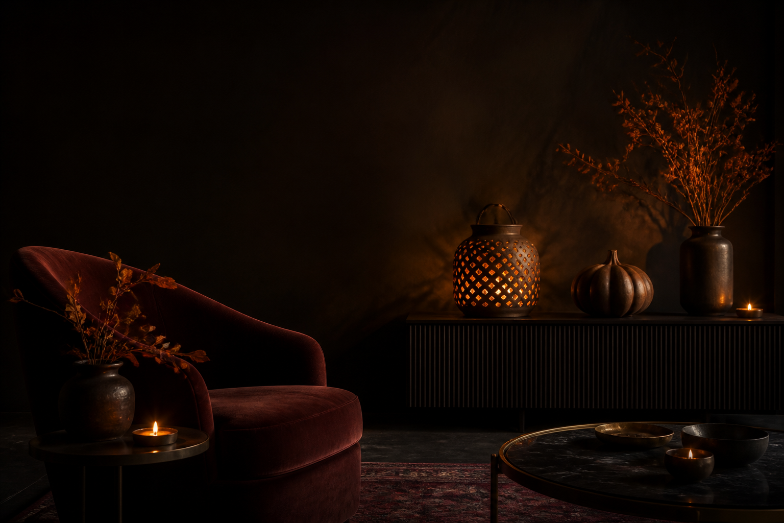 A dark room lit low and warm for the Halloween Edit